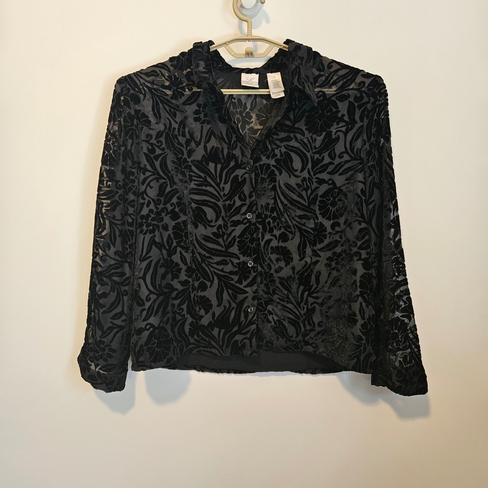 Emma James Burnout Velvet Blouse Size 14 Black Button Front Floral Whimsigoth